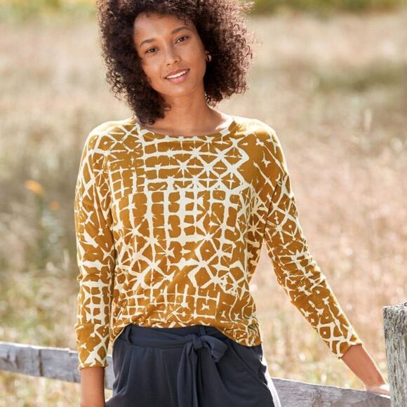 Garnet Hill Silk Cotton Boxy Fine Knit Batik Sweater Top Size Small Gold Mustard - Picture 1 of 7